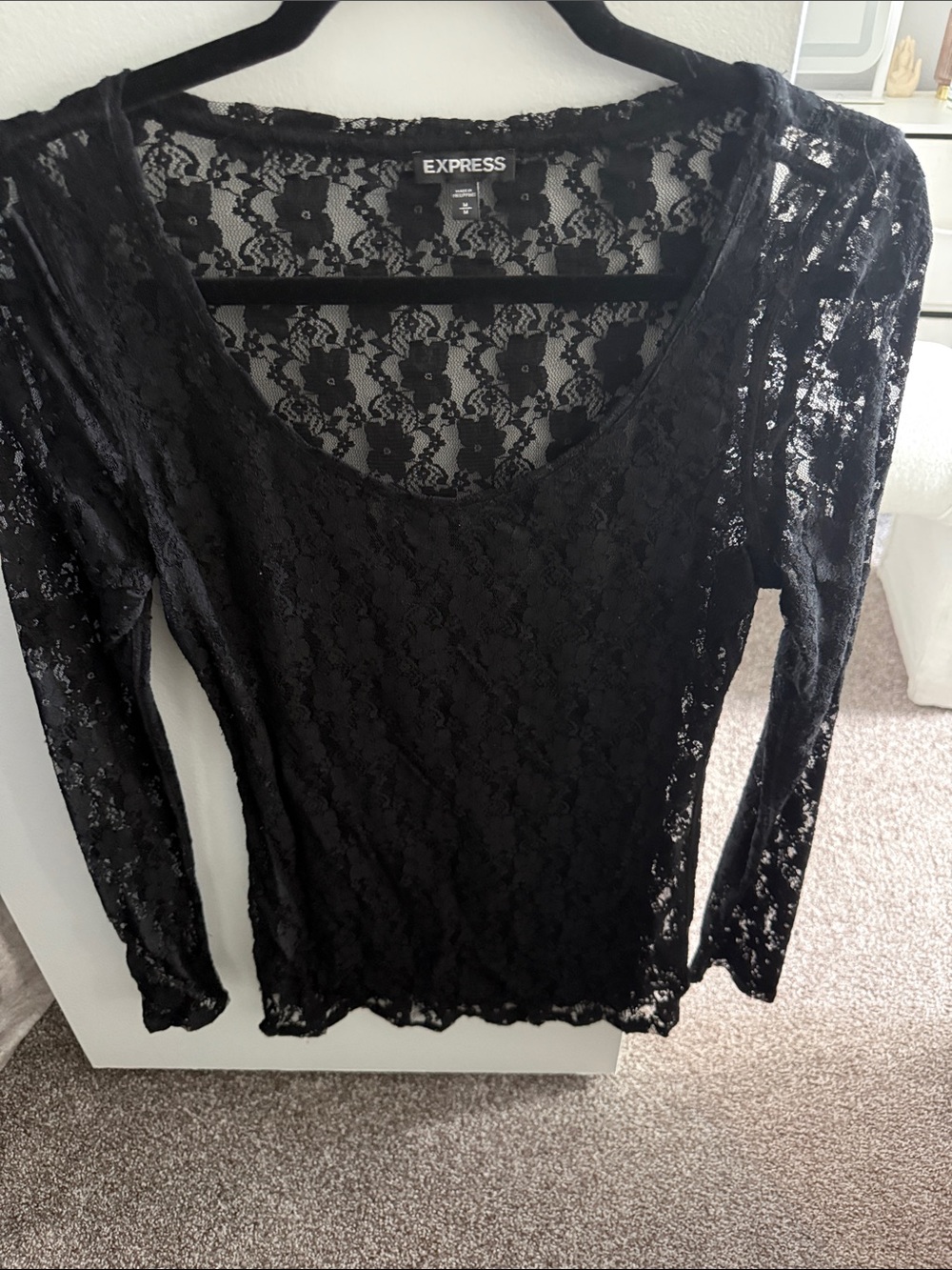 Express Black Sheer Lace Long Sleeve Scoop Top